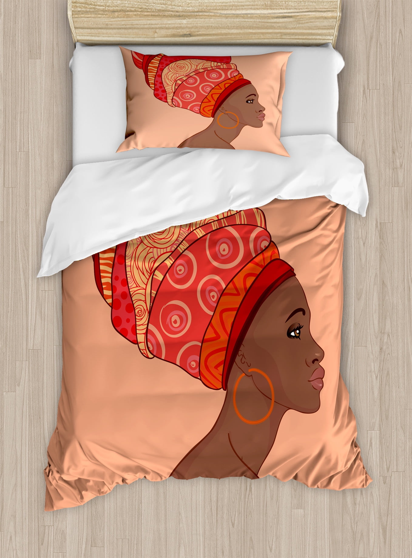 Twin Chocolate Salmon African Folk Art Duvet Cover Set