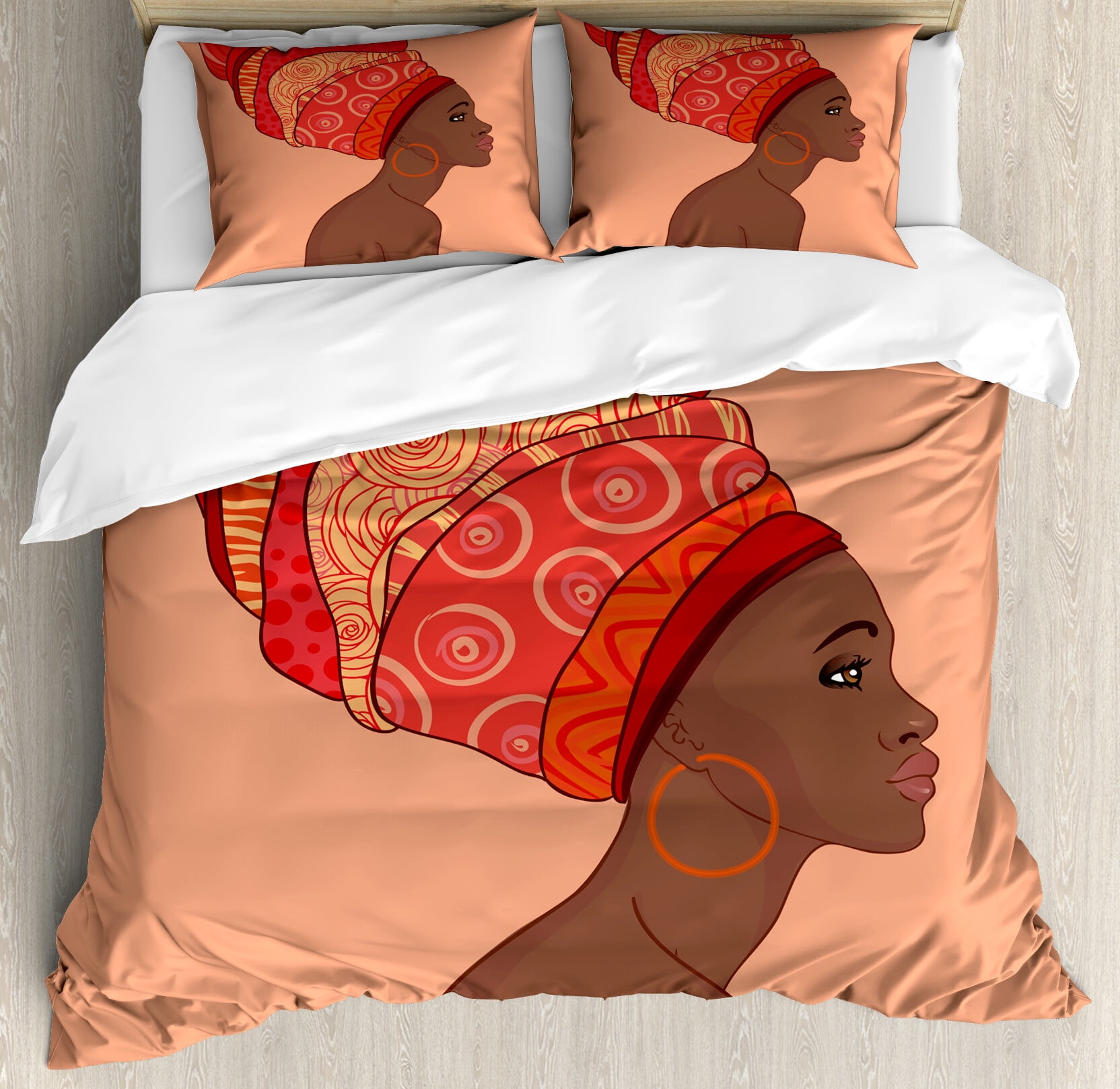 King Size Chocolate Salmon African Folk Art Duvet Cover Set