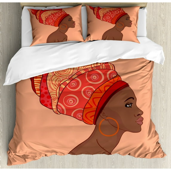 African Duvet Cover Set, Exotic Young Native Girl with Traditional Turban Folk Art, Decorative 3 Piece Bedding Set with 2 Pillow Shams, King Size, Chocolate Salmon, by Ambesonne