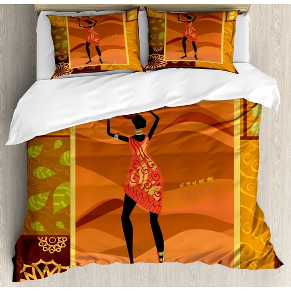 African Duvet Cover Set, Frame with Natural Autumn Elements Native Girl with Vase Exotic Zulu Print, Decorative 3 Piece Bedding Set with 2 Pillow Shams, Queen Size, Multicolor, by Ambesonne