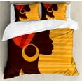 thumbnail image 1 of African Duvet Cover Set, Girl Profile Silhouette Earrings Feminine Grace Image, Decorative 3 Piece Bedding Set with 2 Pillow Shams, Queen Size, Dark Brown and Marigold, by Ambesonne, 1 of 3