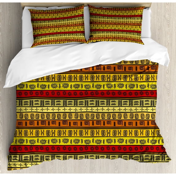 African Duvet Cover Set, Hand Drawn Pattern Abstract Geometric Striped Illustration, Decorative 3 Piece Bedding Set with 2 Pillow Shams, Queen Size, Multicolor, by Ambesonne