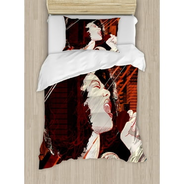 African Duvet Cover Set, Jazz Singer Woman Performing on the Grunge Background Musical Sound Illustration, Decorative 2 Piece Bedding Set with 1 Pillow Shams, Twin Size, Black Red, by Ambesonne