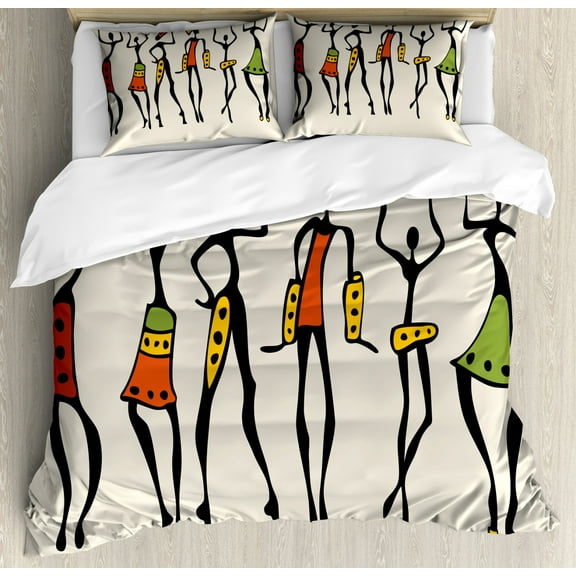 African Duvet Cover Set King Size, African Group Clan Dancers Ethnic Characters in Sketchy Festival Hand Drawn Artwork, Decorative 3 Piece Bedding Set with 2 Pillow Shams, Multicolor, by Ambesonne