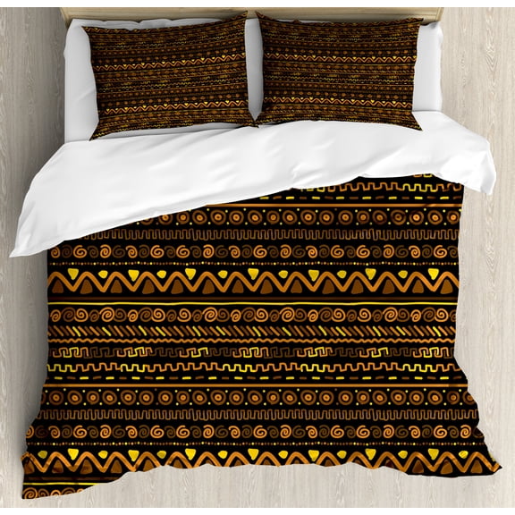 African Duvet Cover Set King Size, Chevron Zigzag Circles and Spirals Timeless Vintage Art Design Oriental Doodle, Decorative 3 Piece Bedding Set with 2 Pillow Shams, Multicolor, by Ambesonne