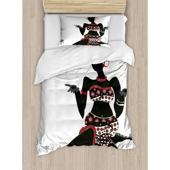 African Duvet Cover Set, Local Lady Indigenous Patterned Dress Gesture Silhouette, Decorative 2 Piece Bedding Set with 1 Pillow Shams, Twin Size, Charcoal Grey Vermilion, by Ambesonne