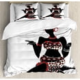 thumbnail image 1 of African Duvet Cover Set, Local Lady Indigenous Patterned Dress Gesture Silhouette, Decorative 3 Piece Bedding Set with 2 Pillow Shams, Calking Size, Charcoal Grey Vermilion, by Ambesonne, 1 of 3
