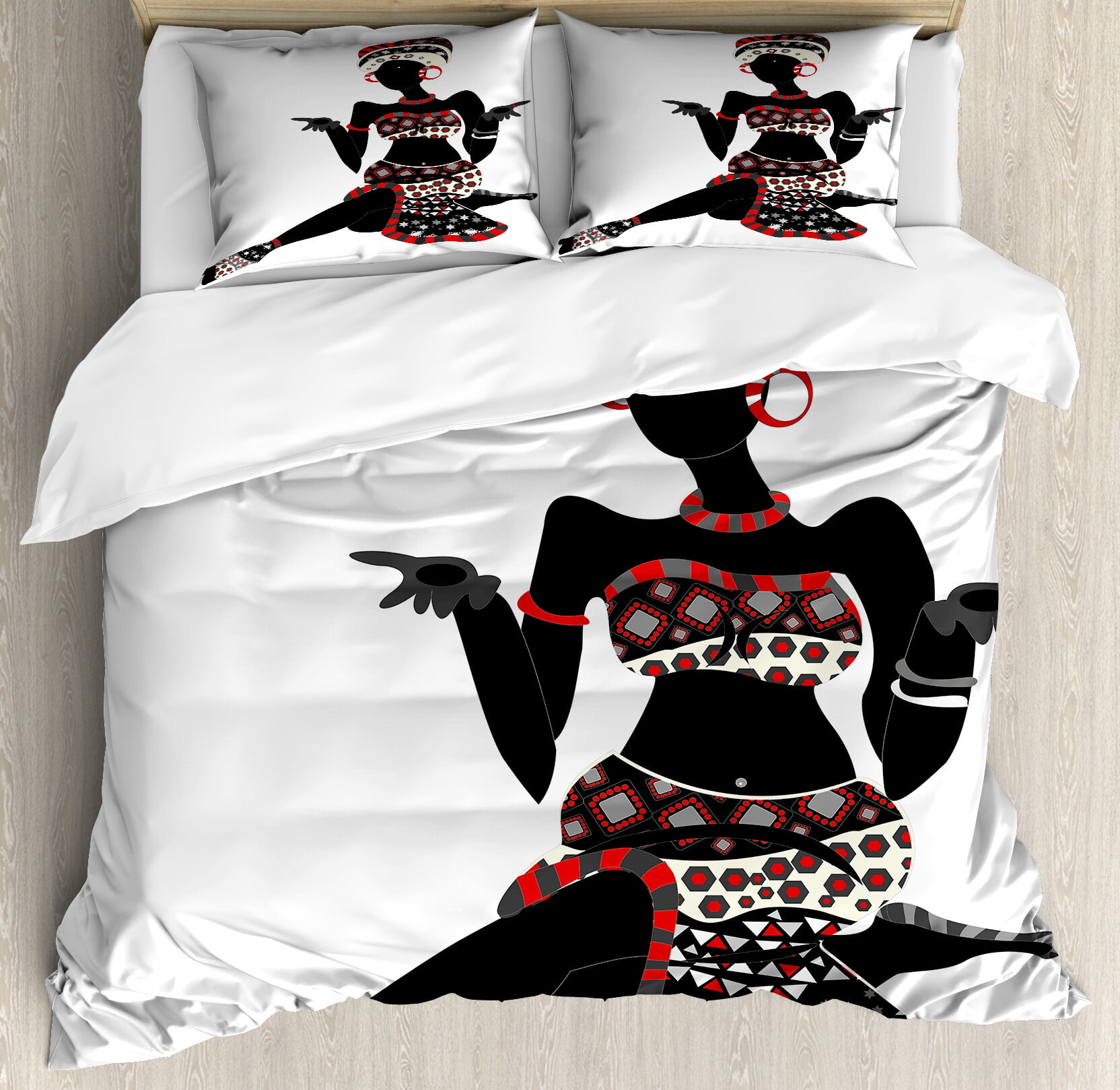 Queen Charcoal Grey Vermilion African Duvet Cover Set with Pillow Shams