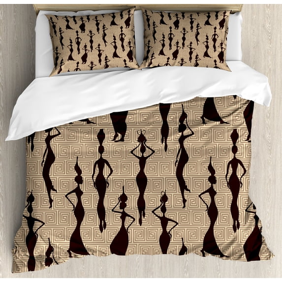 African Duvet Cover Set, Modern Pattern with Women Silhouette Geometric Curvy Forms and Stripes, Decorative 3 Piece Bedding Set with 2 Pillow Shams, Calking Size, Brown and Tan, by Ambesonne