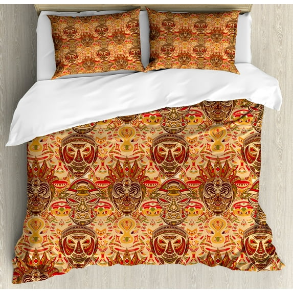 African Duvet Cover Set, Motif with Pattern Design, Decorative 3 Piece Bedding Set with 2 Pillow Shams, Calking Size, Sand Brown Orange, by Ambesonne