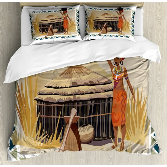 African Duvet Cover Set, Native Lady Carrying a Pot Traditional Savannah Life Graphic, Decorative 3 Piece Bedding Set with 2 Pillow Shams, King Size, Multicolor, by Ambesonne
