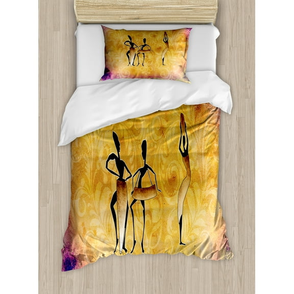 African Duvet Cover Set, Native Women Dancing Community Celebrating Folkloric Motions Retro Pattern, Decorative 2 Piece Bedding Set with 1 Pillow Shams, Twin Size, Tan Purple, by Ambesonne