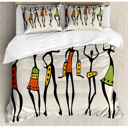 African Duvet Cover Set Queen Size, African Group Clan Dancers Ethnic Characters in Sketchy Festival Hand Drawn Artwork, Decorative 3 Piece Bedding Set with 2 Pillow Shams, Multicolor, by Ambesonne