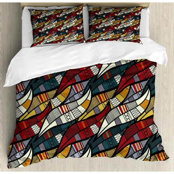African Duvet Cover Set Queen Size, Diagonal Abstract Leaves with Circles Chevrons Lines Traditional Cultural Heritage, Decorative 3 Piece Bedding Set with 2 Pillow Shams, Multicolor, by Ambesonne