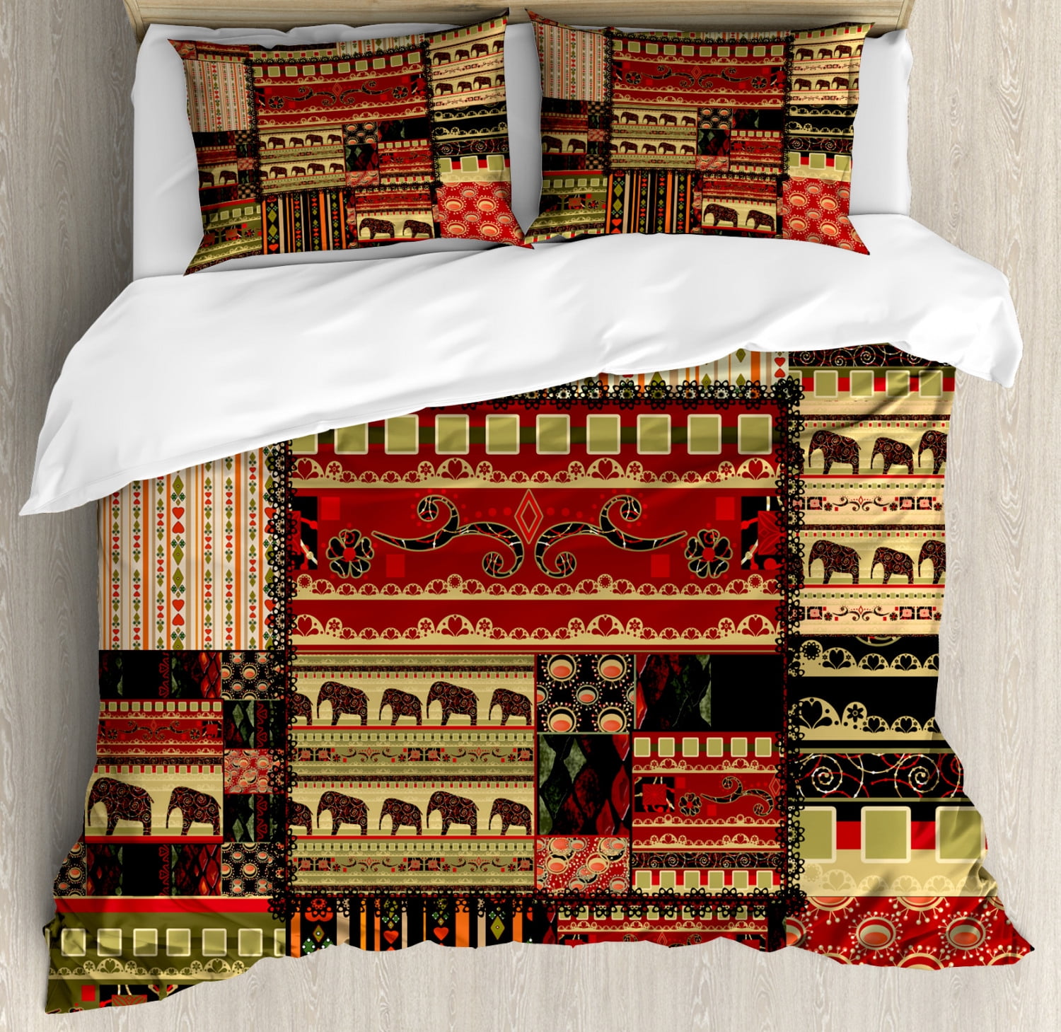Queen Red Green Black Patchwork Elephant Duvet Set