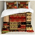 thumbnail image 1 of African Duvet Cover Set Queen Size, Patchwork Style Asian Pattern with Elephants and Cultural Ancient Motifs Print, Decorative 3 Piece Bedding Set with 2 Pillow Shams, Red Green Black, by Ambesonne, 1 of 2