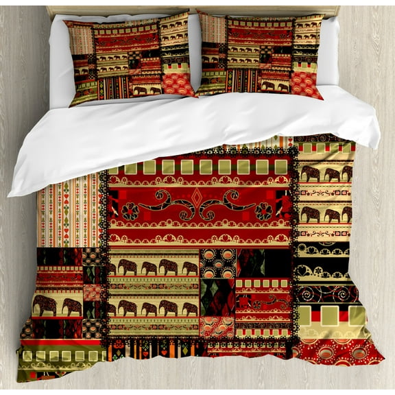 African Duvet Cover Set Queen Size, Patchwork Style Asian Pattern with Elephants and Cultural Ancient Motifs Print, Decorative 3 Piece Bedding Set with 2 Pillow Shams, Red Green Black, by Ambesonne