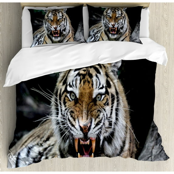 African Duvet Cover Set Queen Size, Tiger Face with Roaring Wildlife Safari Savannah Animal Nature Zoo Photo Print, Decorative 3 Piece Bedding Set with 2 Pillow Shams, Multicolor, by Ambesonne