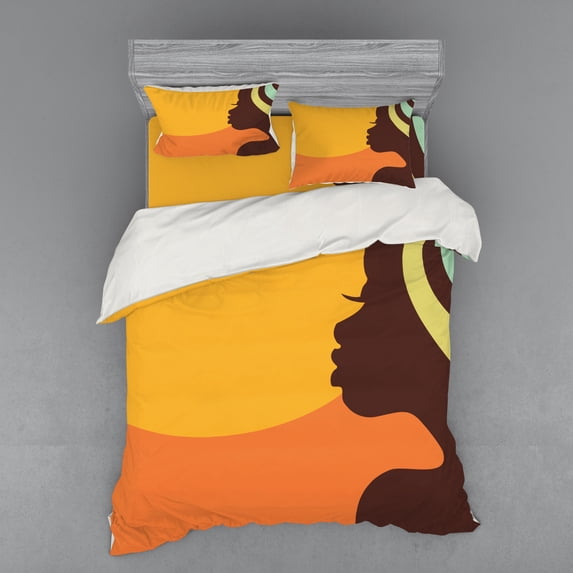 African Duvet Cover Set, Teenage Girl Face Profile Abstract Sunset Calm Evening, Bedding Set with Shams and Fitted Sheet, 3 Sizes, by Ambesonne