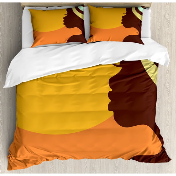 African Duvet Cover Set, Teenage Girl Face Profile Abstract Sunset Calm Evening, Decorative 3 Piece Bedding Set with 2 Pillow Shams, Queen Size, Orange Salmon Dark Brown, by Ambesonne
