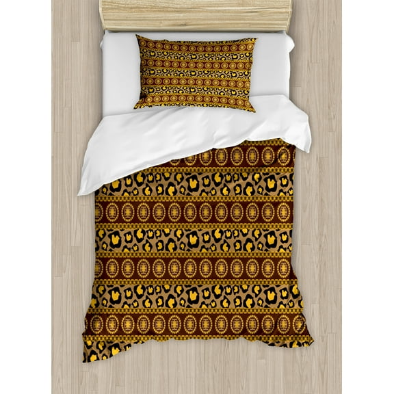 African Duvet Cover Set, Traditional Ornament Striped Pattern Leopard Skin Art, Decorative 2 Piece Bedding Set with 1 Pillow Shams, Twin Size, Umber Brown Marigold, by Ambesonne
