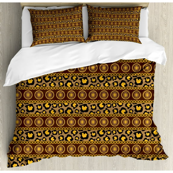 African Duvet Cover Set, Traditional Ornament Striped Pattern Leopard Skin Art, Decorative 3 Piece Bedding Set with 2 Pillow Shams, Queen Size, Umber Brown Marigold, by Ambesonne