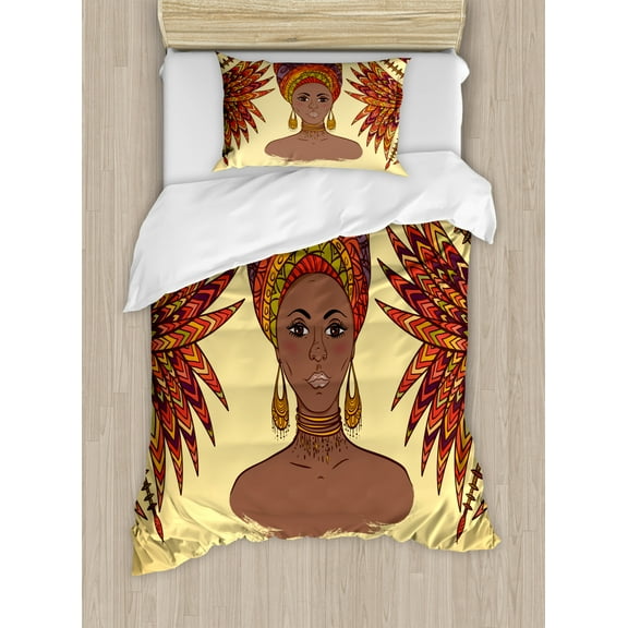 African Duvet Cover Set Twin Size, Ethnic Woman in Traditional Turban and Palms Cultural Folk Graphic Art, Decorative 2 Piece Bedding Set with 1 Pillow Sham, Multicolor, by Ambesonne