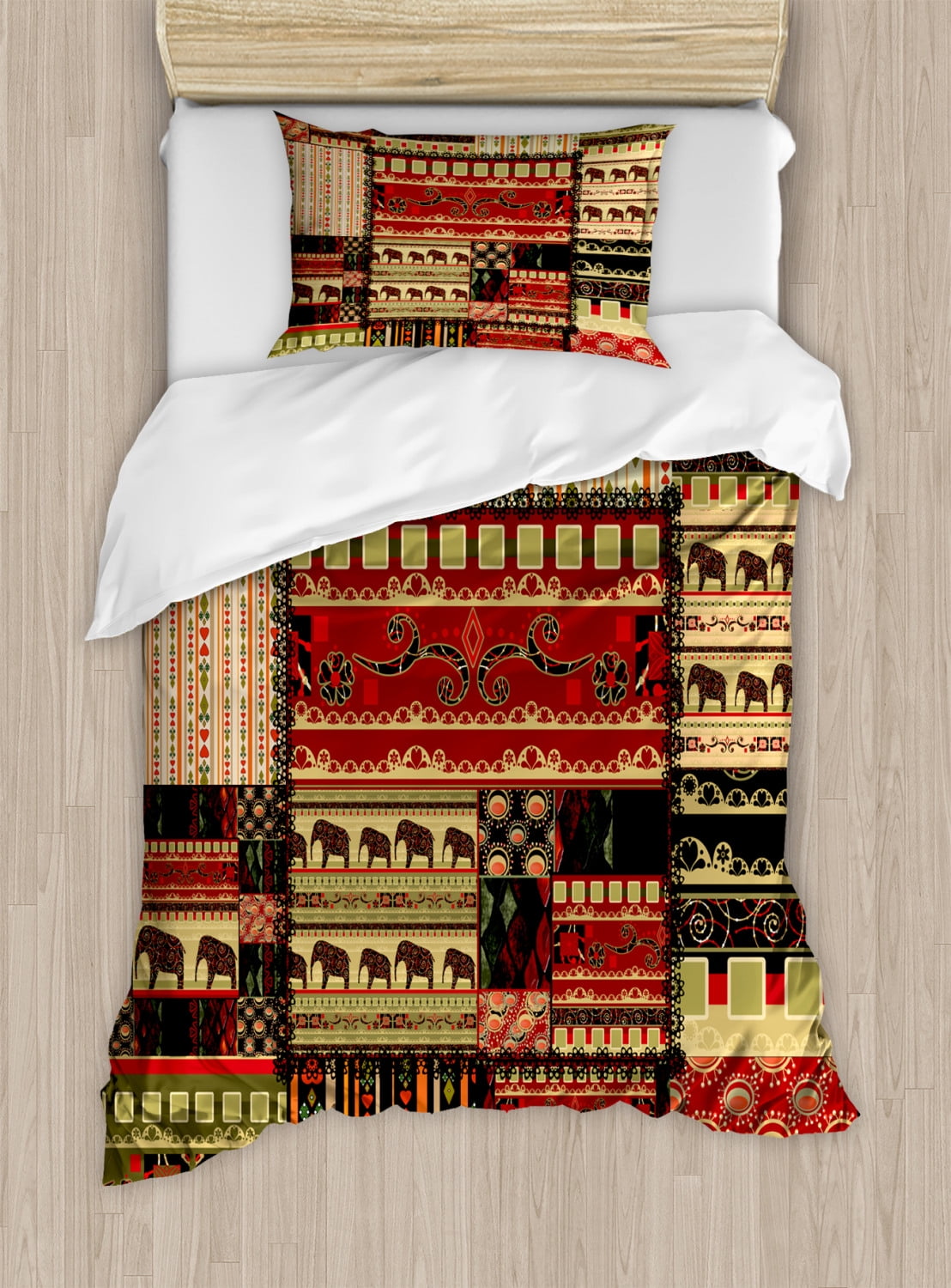 Twin Red Green Black Patchwork Duvet Cover Set