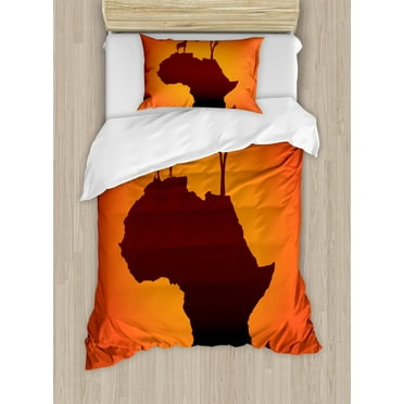 African Duvet Cover Set Twin Size, Safari Map with Continent Giraffe and Tree Silhouette Savannah Wild Design, Decorative 2 Piece Bedding Set with 1 Pillow Sham, Orange and Brown, by Ambesonne