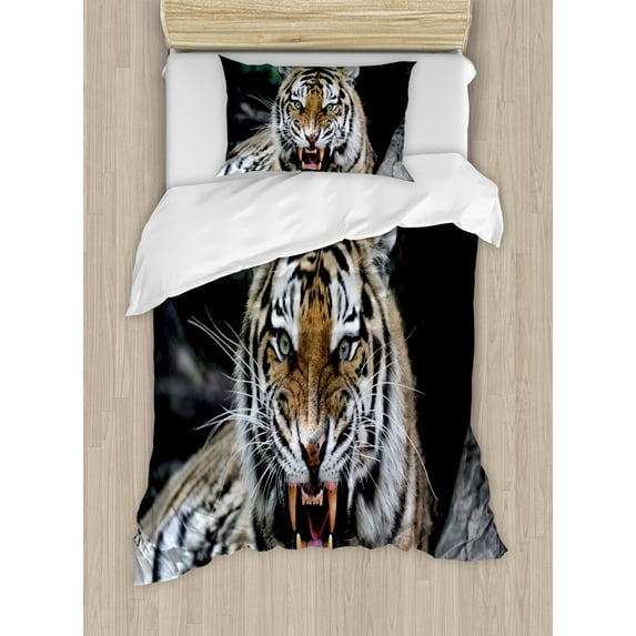 African Duvet Cover Set Twin Size, Tiger Face with Roaring Wildlife Safari Savannah Animal Nature Zoo Photo Print, Decorative 2 Piece Bedding Set with 1 Pillow Sham, Multicolor, by Ambesonne