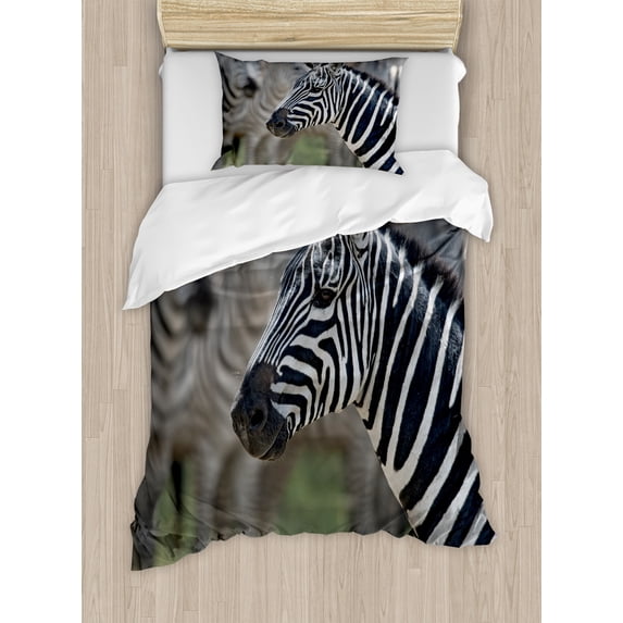 African Duvet Cover Set, Zebra in Serengeti National Park Savannah Animal in Desert Picture, Decorative 2 Piece Bedding Set with 1 Pillow Shams, Twin Size, Reseda Green White Black, by Ambesonne