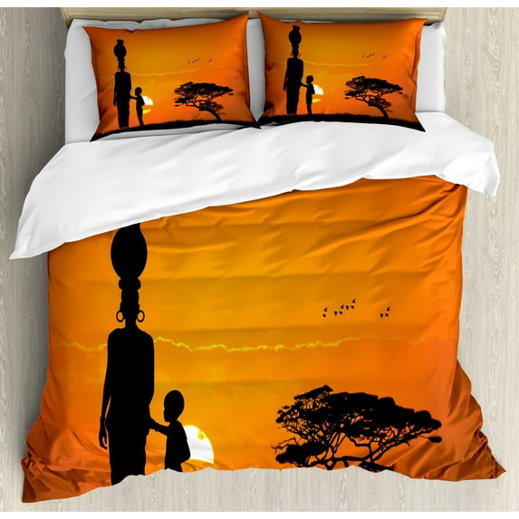 African Duvet Cover Sets, and Mother at Sunset Walking in Savannah Desert Dawn Kenya Nature Image, Bedding Set with 2 Duvet Covers & 4 Pillowcases, 2 Pack King Size, Orange Black, by Ambesonne