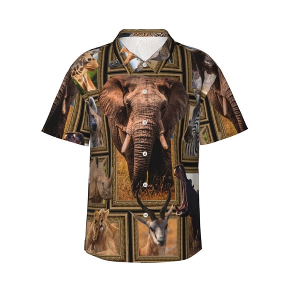 African Elephant Animals Hawaiian Shirts For Men, Summer Short-Sleeve Relaxed-Fit Button-Down Shirts Large