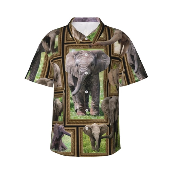 African Elephant Animals Men'S 3d Print Casual Button Down Shirts, Novelty Hawaiian Short Sleeves 3xl