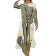 YHX66 African Elephant Family Safari Chiffon Dress V Neck Dresses Women Casual Dress