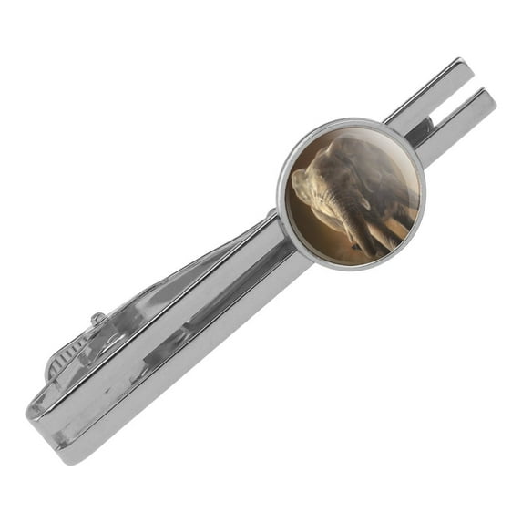 African Elephant Painting Round Tie Bar Clip Clasp Tack Silver Color Plated