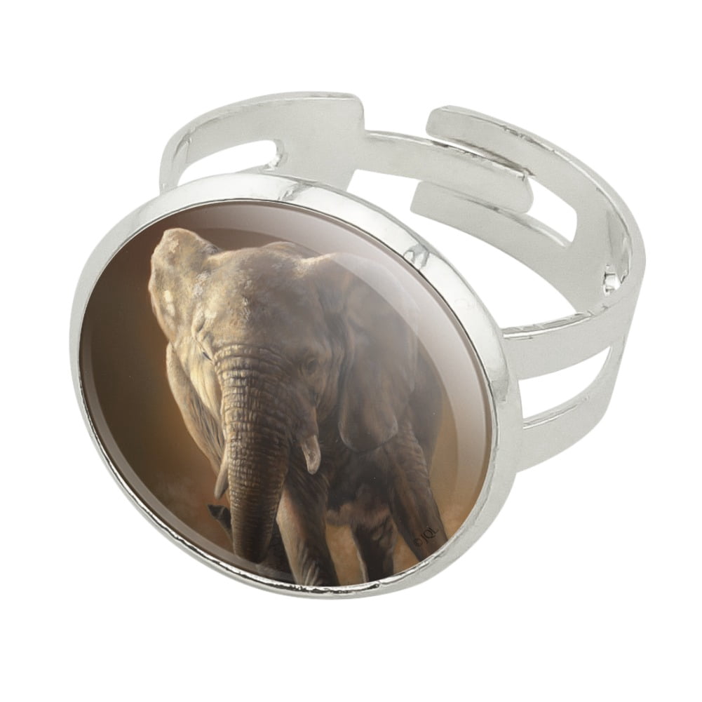 African Elephant Painting Silver Plated Adjustable Novelty Ring ...