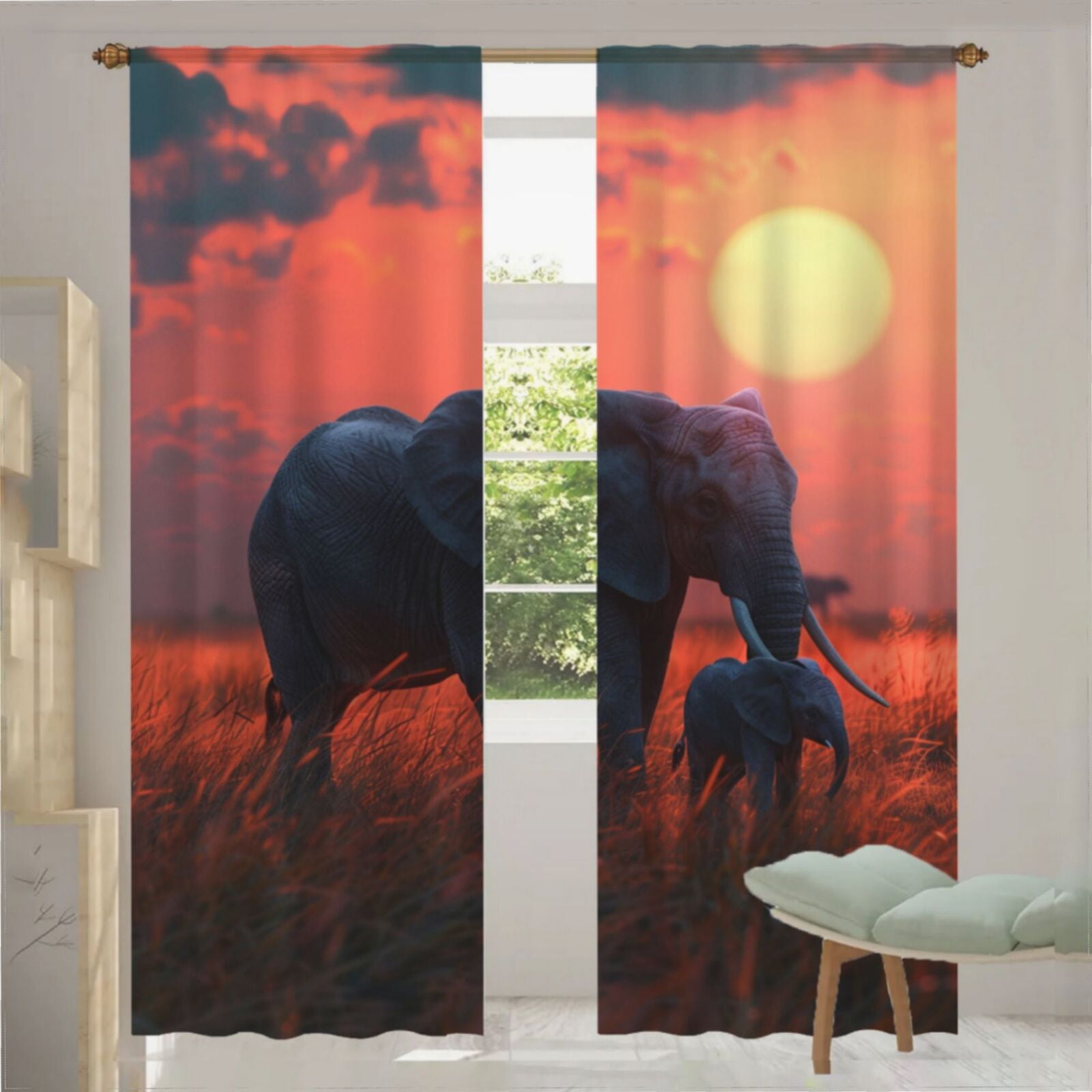 African Elephant Sunset Pattern (103) Voile Sheer Curtains Living Room ...