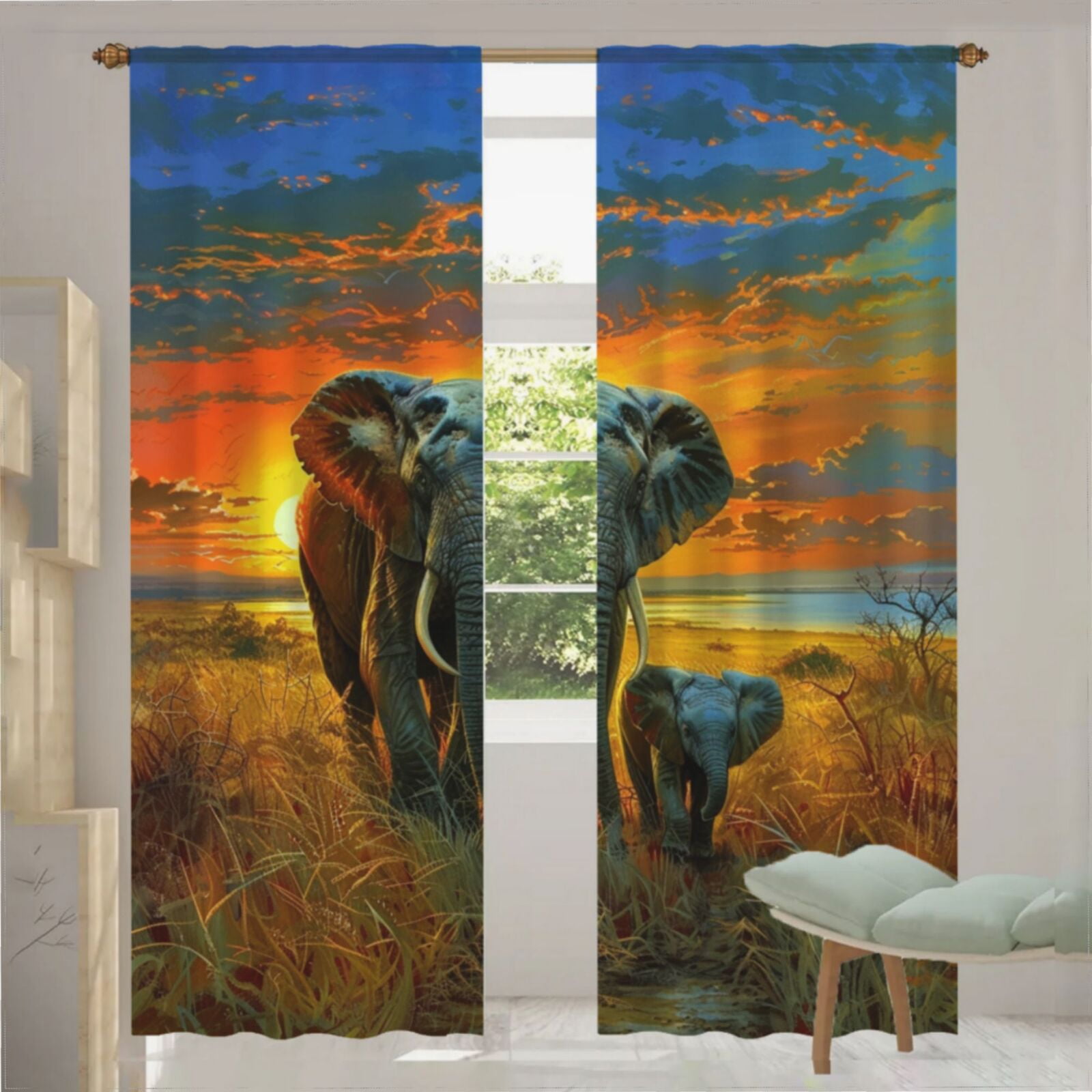 African Elephant Sunset Pattern (40) Tulle Sheer Window Curtains For ...