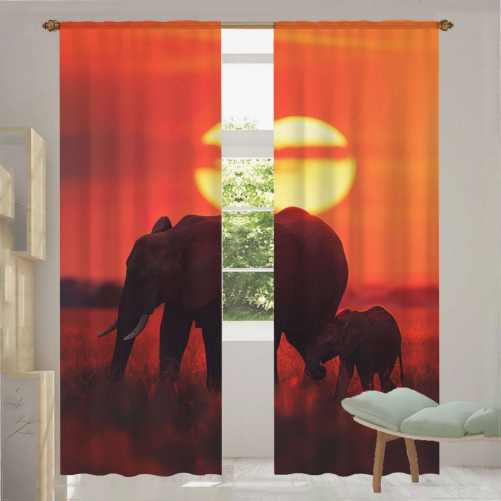 African Elephant Sunset Pattern (51) Voile Sheer Curtains Living Room ...