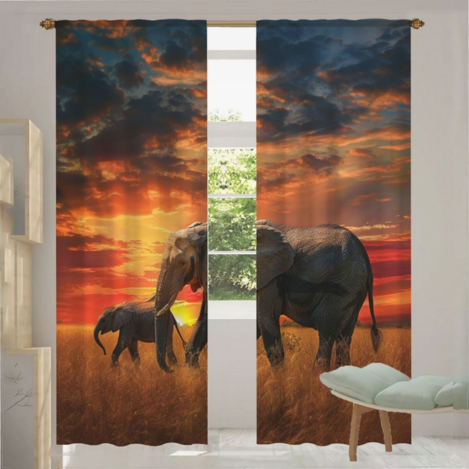 African Elephant Sunset Pattern (7) Tulle Sheer Window Curtains For ...