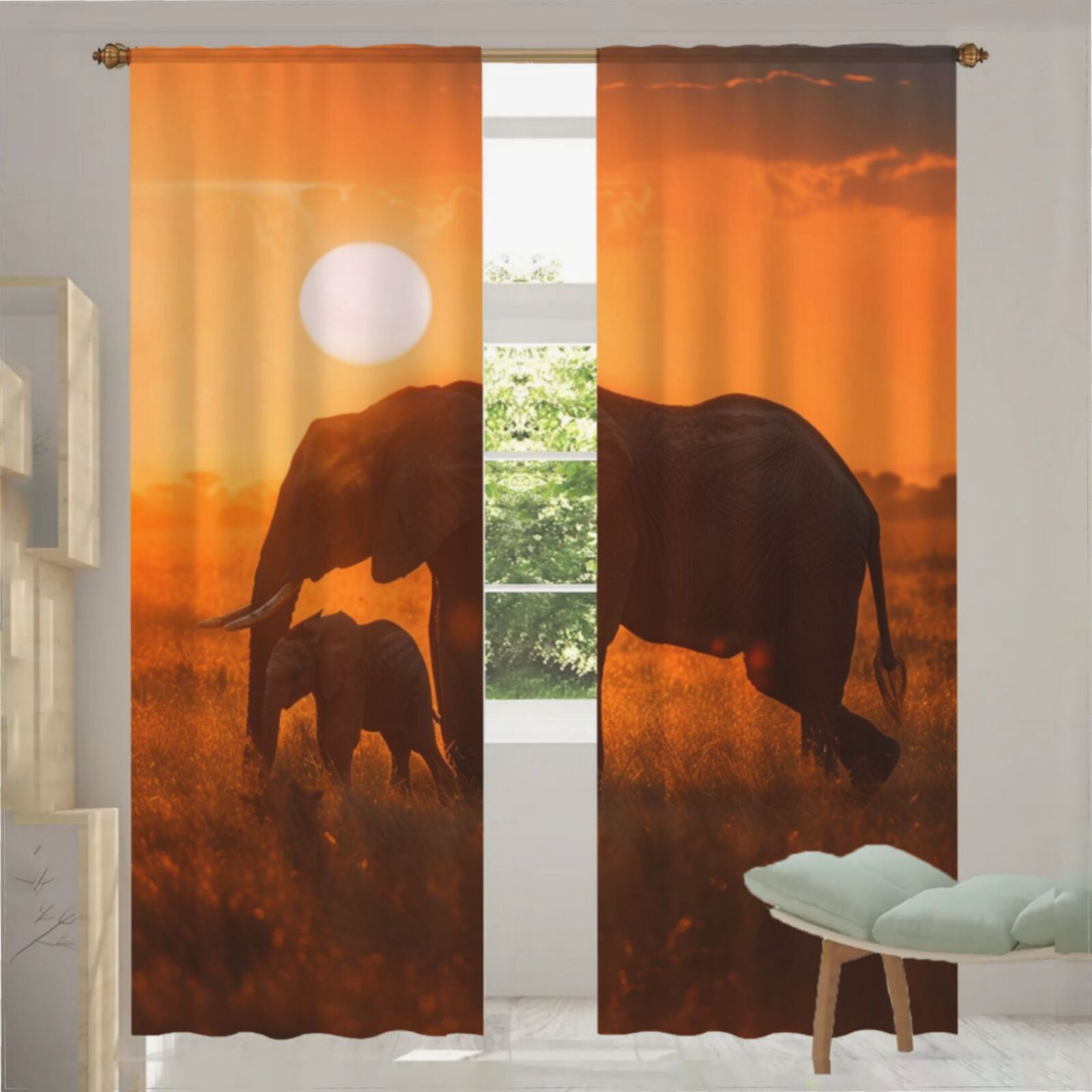 African Elephant Sunset Pattern (70) Voile Sheer Curtains Living Room ...