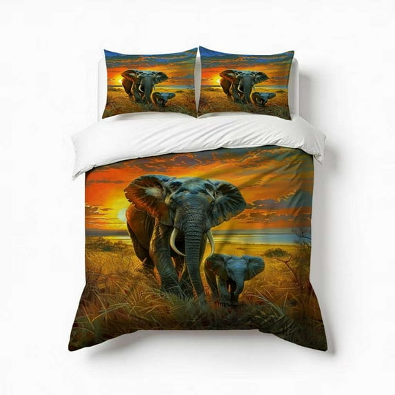 African Elephant Sunset Pattern Bedding Set 3 Pcs Soft Microfiber Quilt Cover For Bedroom Decor, Comforter Cover With 2 Pillowcase