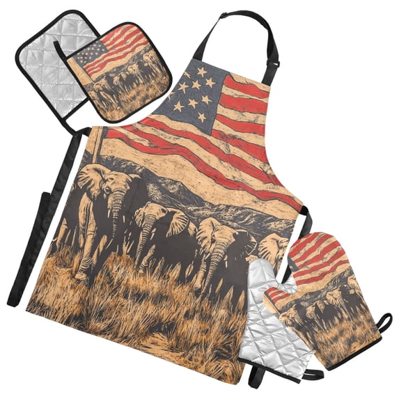 African Elephants and American Flag 5 Pcs Kitchen Set Heat Resistant Oven Mitts and Non-Slip Pot Holders with Adjustable Cooking Apron