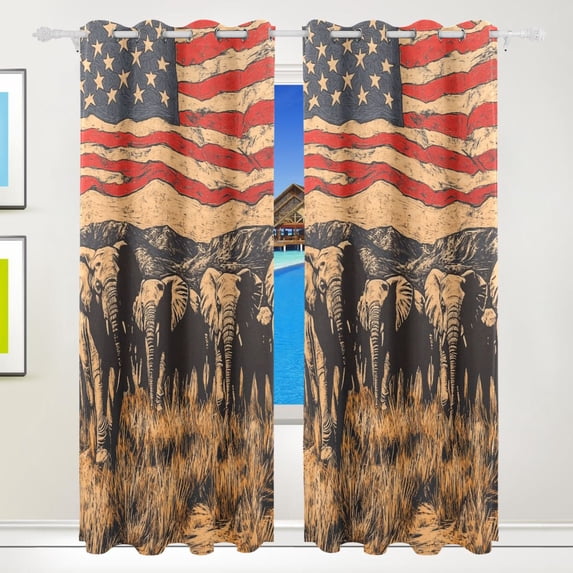 African Elephants and American Flag Blackout Curtains 84 inch Length 2 Panels Grommet Drapes for Bedroom Living Room 84x55