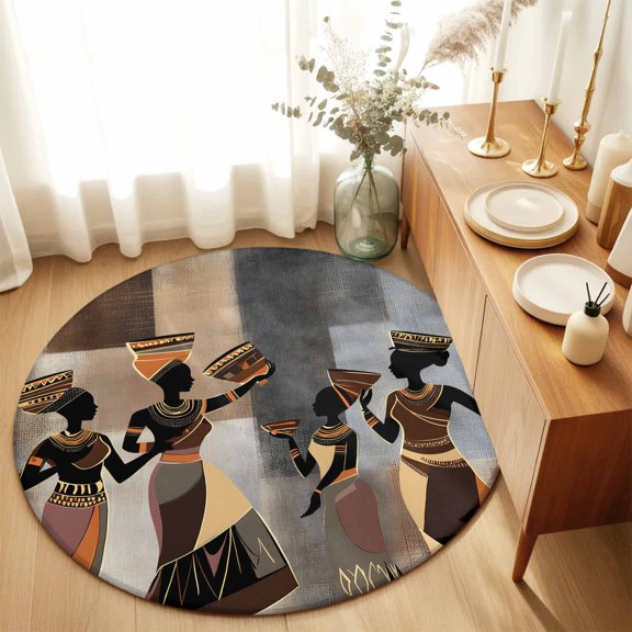 African Ethnic Black Women Dancing Round Area Rug 3ft,Living Room Rug Non-Slip Washable Circle Rugs Pad,Abstract Africa Tribal Soft Floor Carpet for Bedroom Dining Room