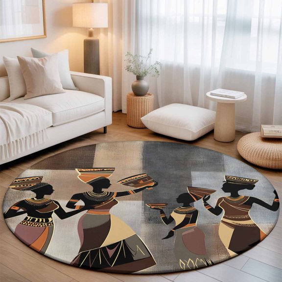 African Ethnic Black Women Dancing Round Rug 5ft Abstract Africa Tribal Washable Area Rugs for Living Room Bedroom Entryway Non Slip Entrance Door Mat Indoor Floor Carpet