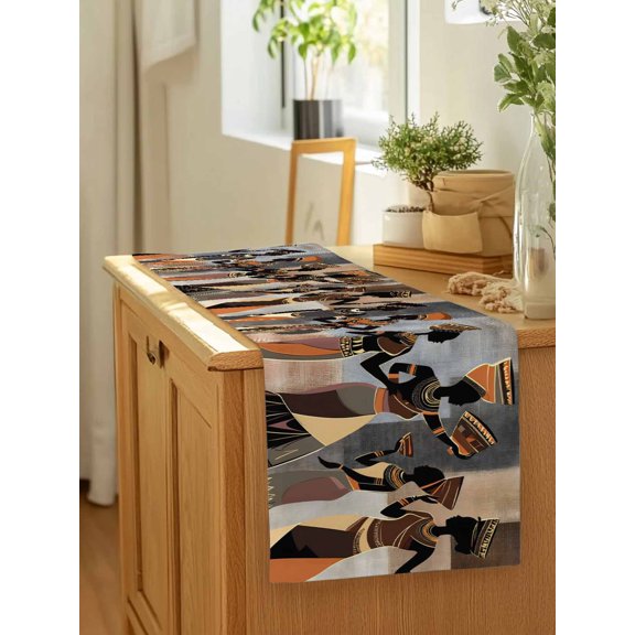 African Ethnic Black Women Dancing Table Runner 13x90in Non-Slip Cotton Linen Table Runners, Abstract Africa Tribal Dresser Scarves TableRunner for Dinner Kitchen Dining Wedding Party