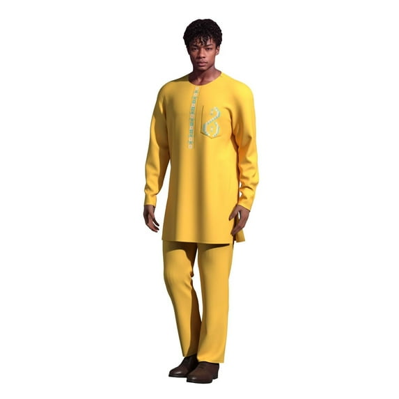 African Ethnic Print Batik Solid Color Men's Casual Suit Embroidered Long Sleeved and Pants Set