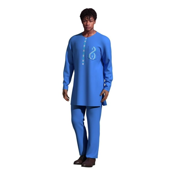 African Ethnic Print Batik Solid Color Men's Casual Suit Embroidered Long Sleeved and Pants Set